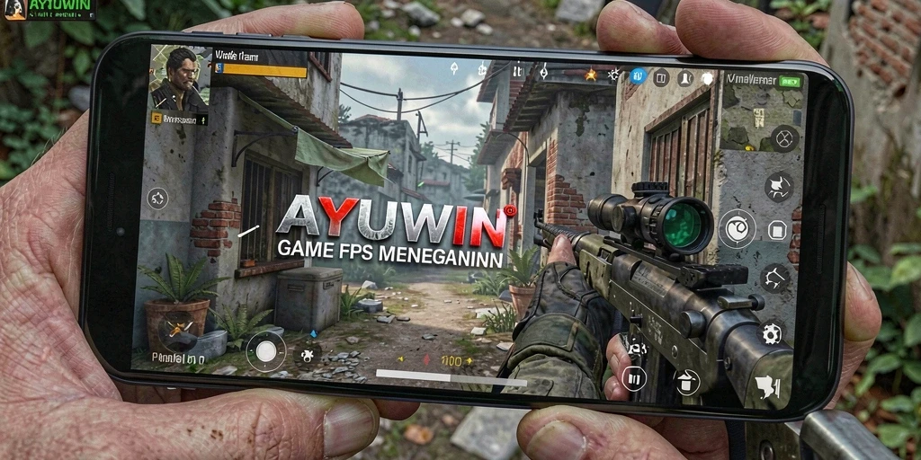 Screenshot utama AYUWIN menunjukkan aksi intens dalam game FPS.
