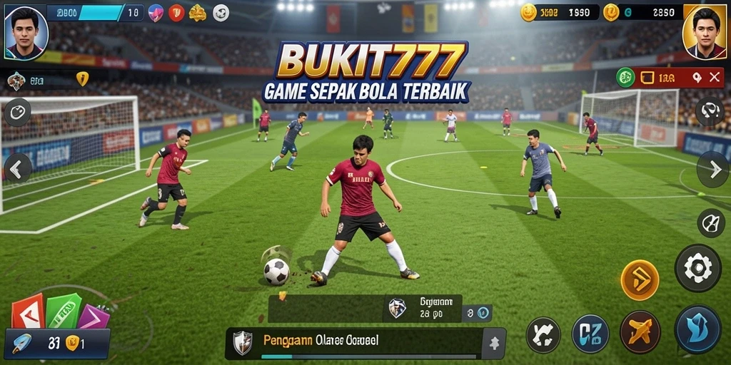Screenshot utama BUKIT777 menunjukkan aksi intens dalam permainan sepak bola.