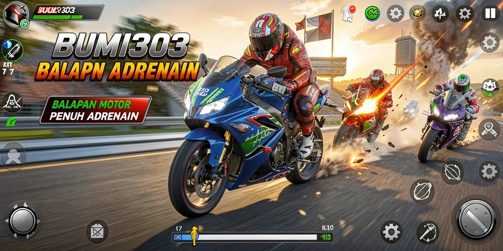 Screenshot gameplay menarik dari BUMI303 dengan balapan motor menegangkan.