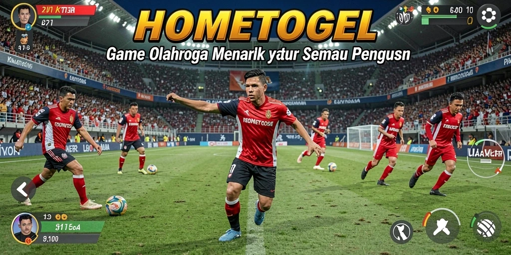 Screenshot utama menunjukkan gameplay seru HOMETOGEL dengan pertandingan olahraga yang dinamis.