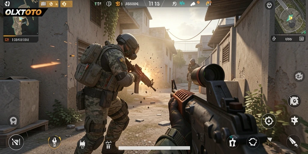 Tangkapan layar gameplay OLXTOTO menampilkan aksi seru dalam pertempuran FPS.