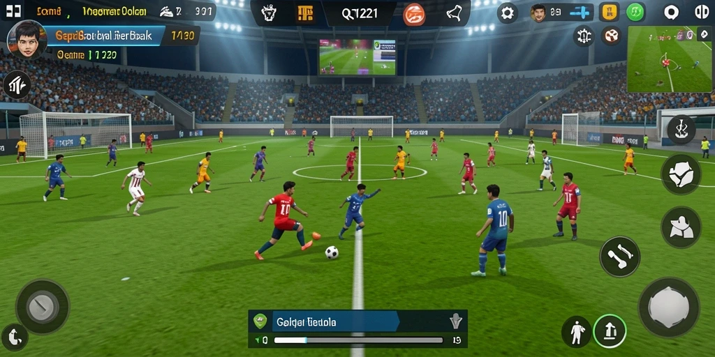Tampilan gameplay QQ1221 yang menegangkan dengan aksi sepak bola yang seru.