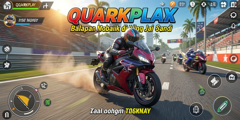 Tangkapan layar gameplay QUARKPLAY yang menampilkan aksi balapan motor yang seru.